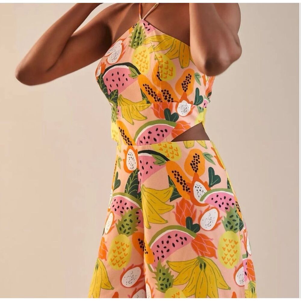 Anthropologie Hutch Mixed Fruit Cutout Halter Romper Tropical Print Size 2 - Picture 2 of 9